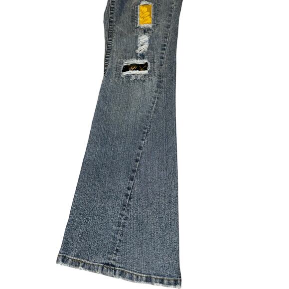 Caché Y2K Patchwork Bootcut Jeans Distressed Tapestry Pocket Denim Size 6 - Picture 6 of 14